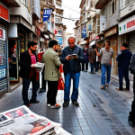 ** A crowded Turkish street scene with vendors selling newspapers and citizens using smartphones. The headline on one newspaper is clearly fabricated and outlandish. Focus on the sense of bustle and potential misinformation spreading in a public setting.

**