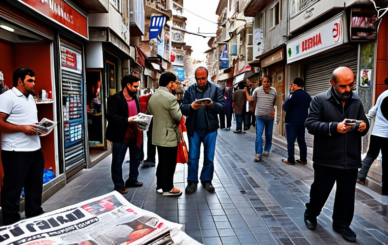 ** A crowded Turkish street scene with vendors selling newspapers and citizens using smartphones. The headline on one newspaper is clearly fabricated and outlandish. Focus on the sense of bustle and potential misinformation spreading in a public setting.
**