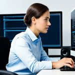 A professional adult, fully clothed in modest, modern attire, thoughtfully engaging with digital content on multiple large computer screens in a clean, minimalist office environment. The person's expression is focused and inquisitive, symbolizing critical information analysis and digital literacy. The background is softly blurred, emphasizing the subject. Professional photography, high quality, perfect anatomy, correct proportions, natural pose, well-formed hands, proper finger count, natural body proportions, safe for work, appropriate content, fully clothed, professional.